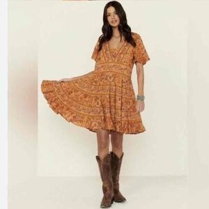 Patrons of Peace Orange Paisley V Neck Floral Pattern Knee Length Dress Womens S